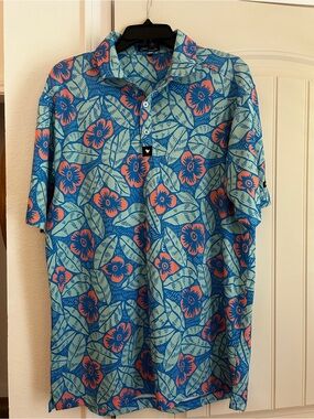 Bad Birdie Blue and Coral Floral Polo